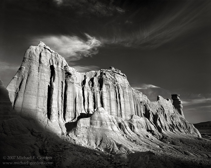 Red Rock Canyon State Park, Mojave Desert, cirrus clouds, geology, formation, castle, black and white, fine art photograph, fine art print, photo, picture