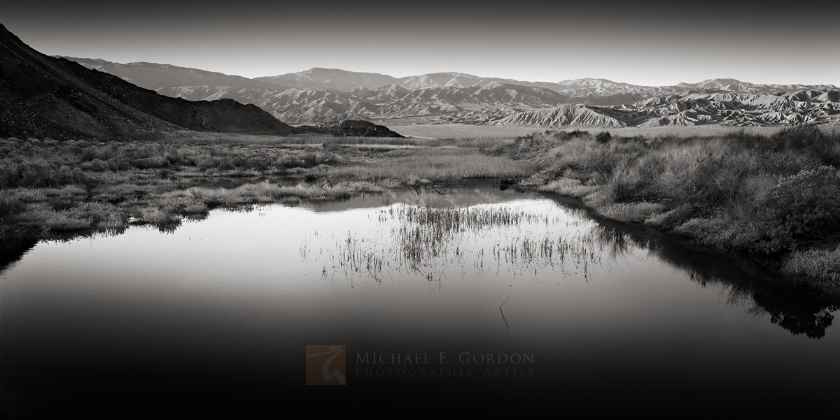 Morning light falls across a Mojave Desert oasis and badlands beyond.Logos and watermarks are not found on any printed product...