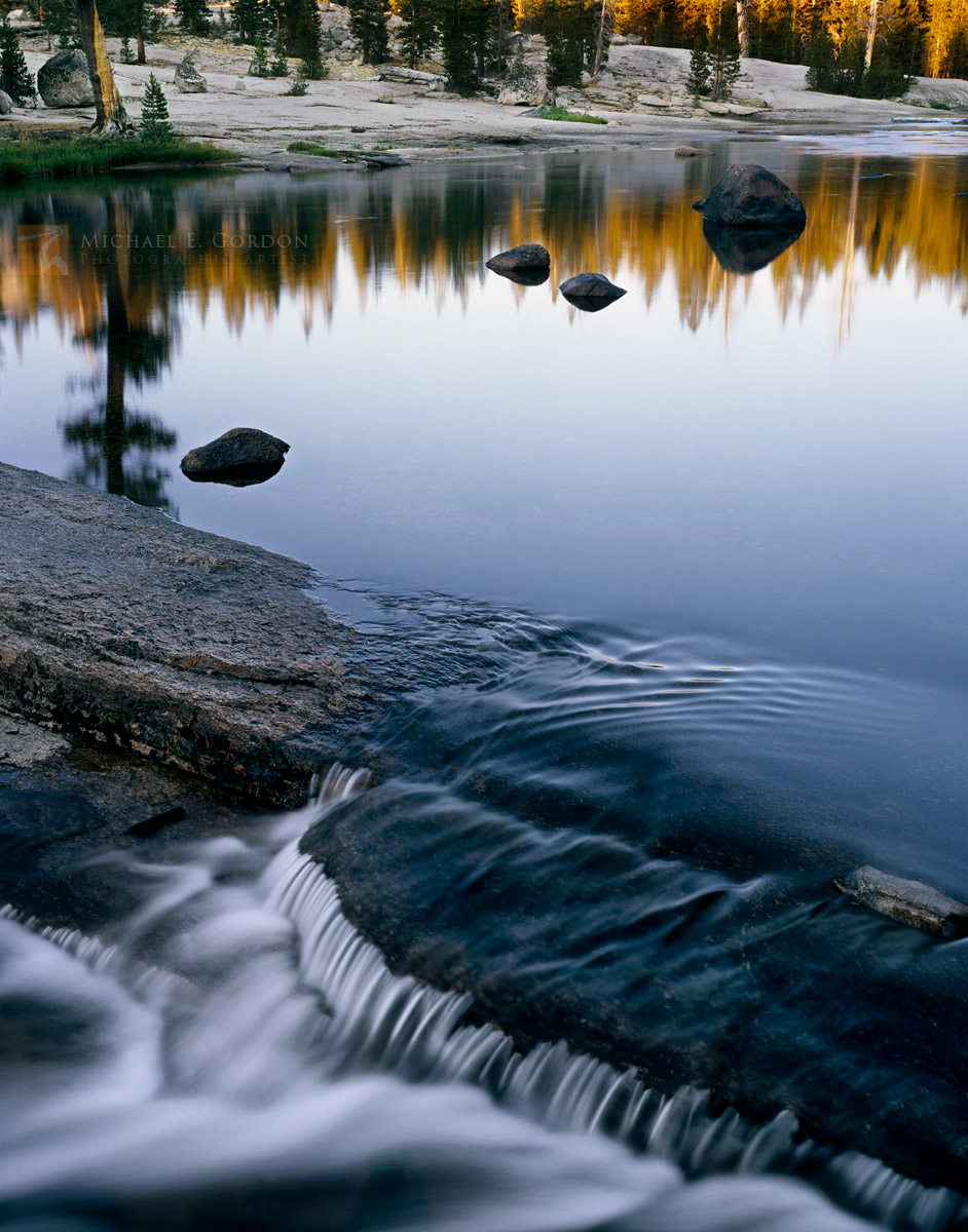 Placid water&nbsp;and granite cascades along the Lyell Fork of the Tuolumne River.Logos and watermarks are not found on any printed...