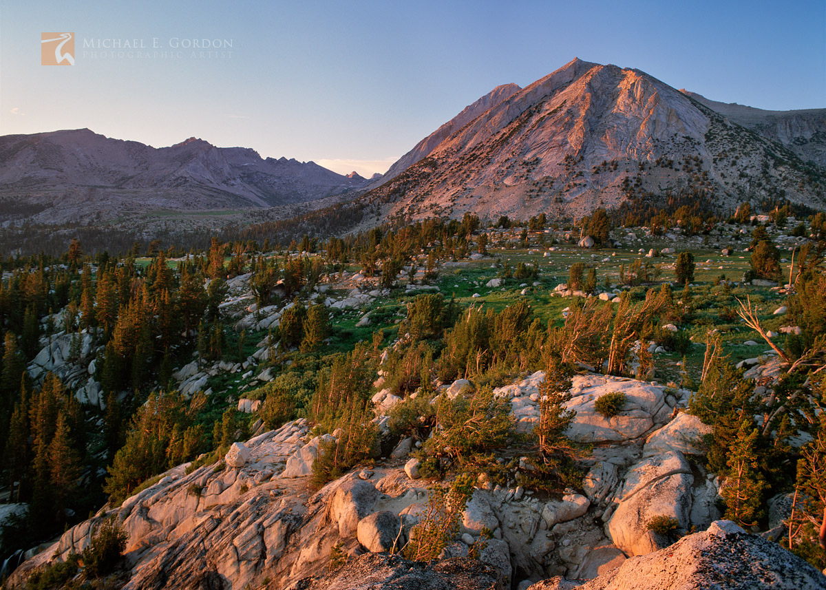 A windswept high elevation timberline plateau at sunset&nbsp;backed by the majestic 12,590' Mount Conness.